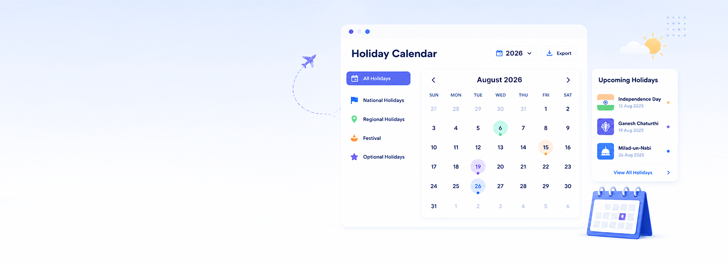 Holiday Calendar 2026 dashboard with upcoming Indian holidays